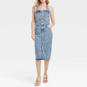 Denim Halter Midi Dress - Light Blue